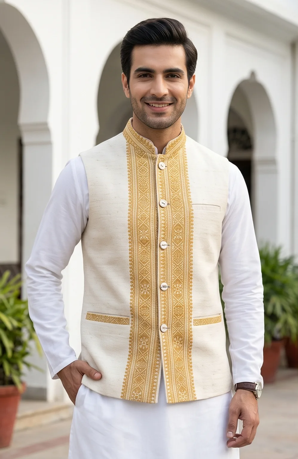 Muga Silk Nehru Jacket Design A — front