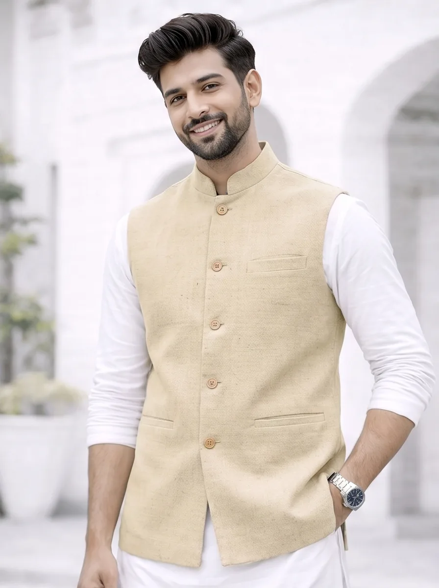 Eri Silk Ahimsa Peace Silk Nehru Jacket — front